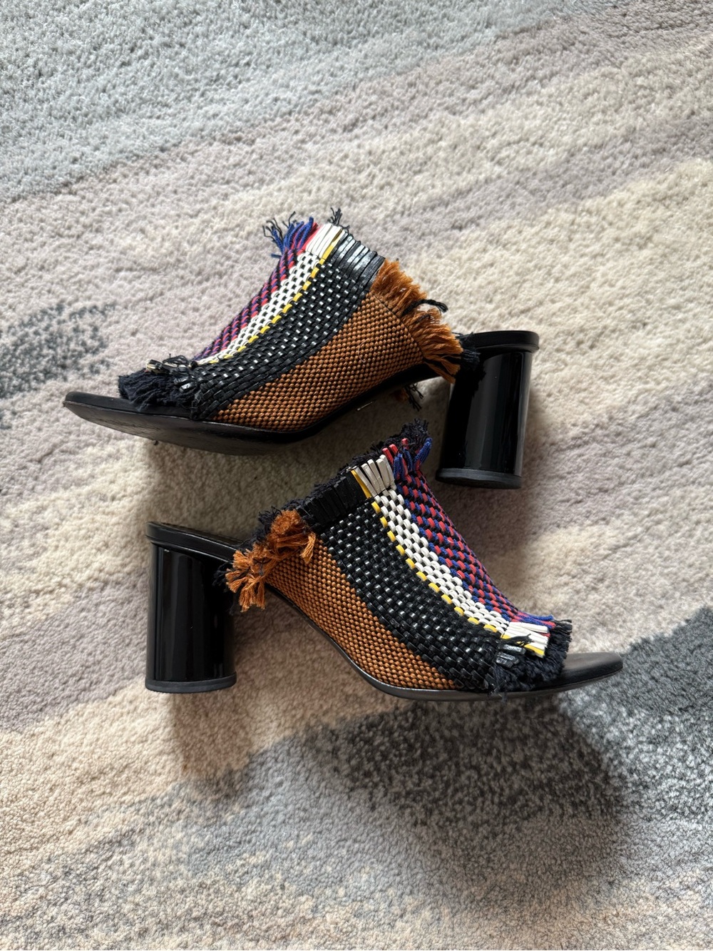 Proenza Schouler Woven Multicolor Fringe Block Heel Mules - Women